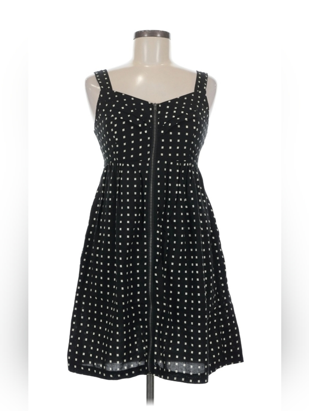 VTG Y2K Retro Black Off White Square Polka Dot Zipper Front Sundress Large L EUC